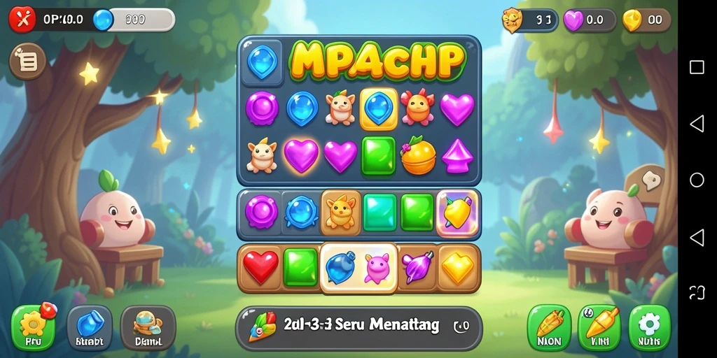 Tangkapan layar dari gameplay yang seru di 4P4P, menampilkan kombinasi objek Match-3 yang menawan.