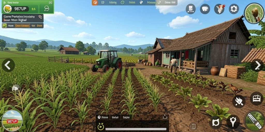 Gameplay menarik dari 987UP yang menampilkan ladang dan tanaman.