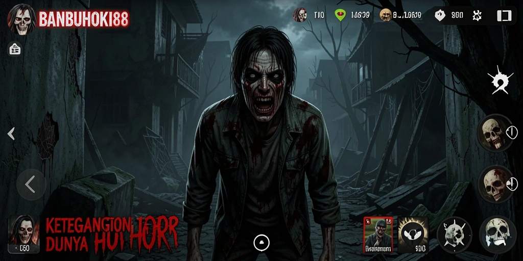 Tampilan gameplay menegangkan dari BANBUHOKI88 dengan suasana horror yang mengintimidasi.