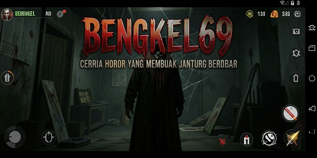 Screenshot BENGKEL69 menampilkan suasana bengkel yang menyeramkan dengan efek suara menegangkan.
