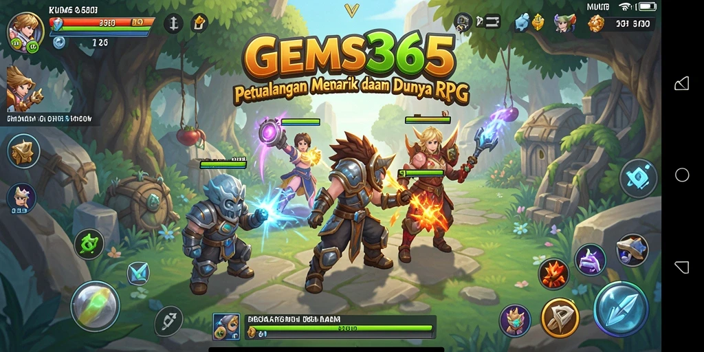 Screenshot GEMS365 menampilkan pertarungan epik dan eksplorasi dunia RPG.