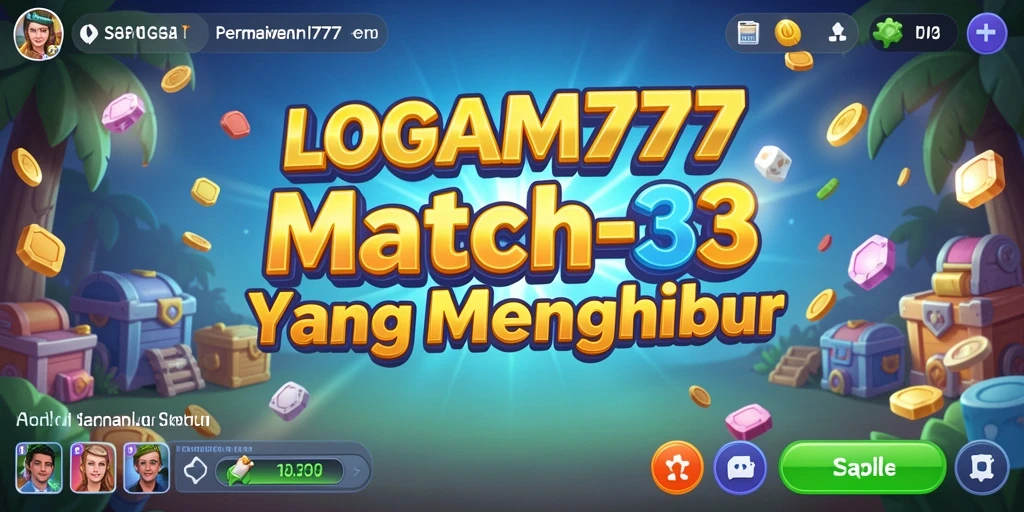 Screenshot menunjukkan gameplay Match-3 LOGAM777 yang penuh warna.
