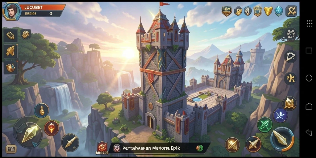 Tampilan gameplay LUCUBET saat bertempur di menara pertahanan.