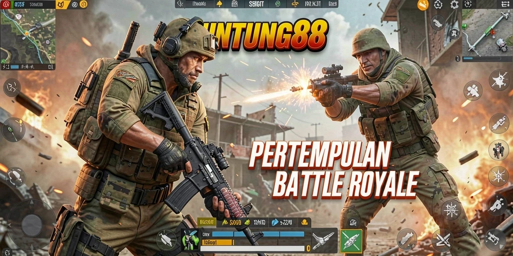 Screenshot UNTUNG88 menampilkan aksi pertempuran intens di arena Battle Royale.